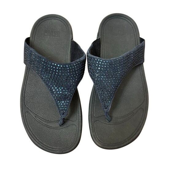 Fitflop Shoes - FitFlop Lulu Embellished Thong Sandals Navy Blue Women’s Size 5